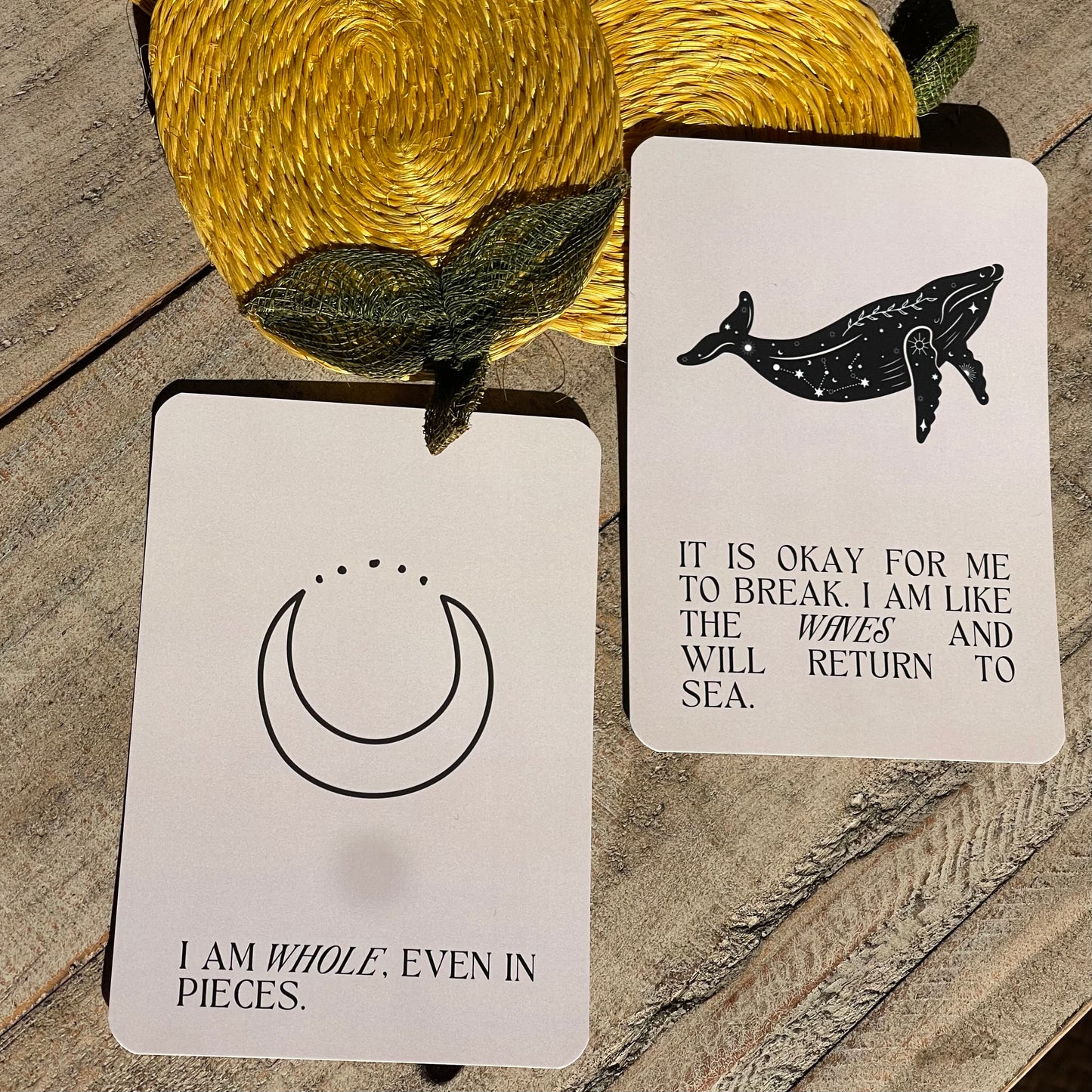 Close-up of New Mama Deck cards showcasing grounding affirmations. I am whole even in pieces.