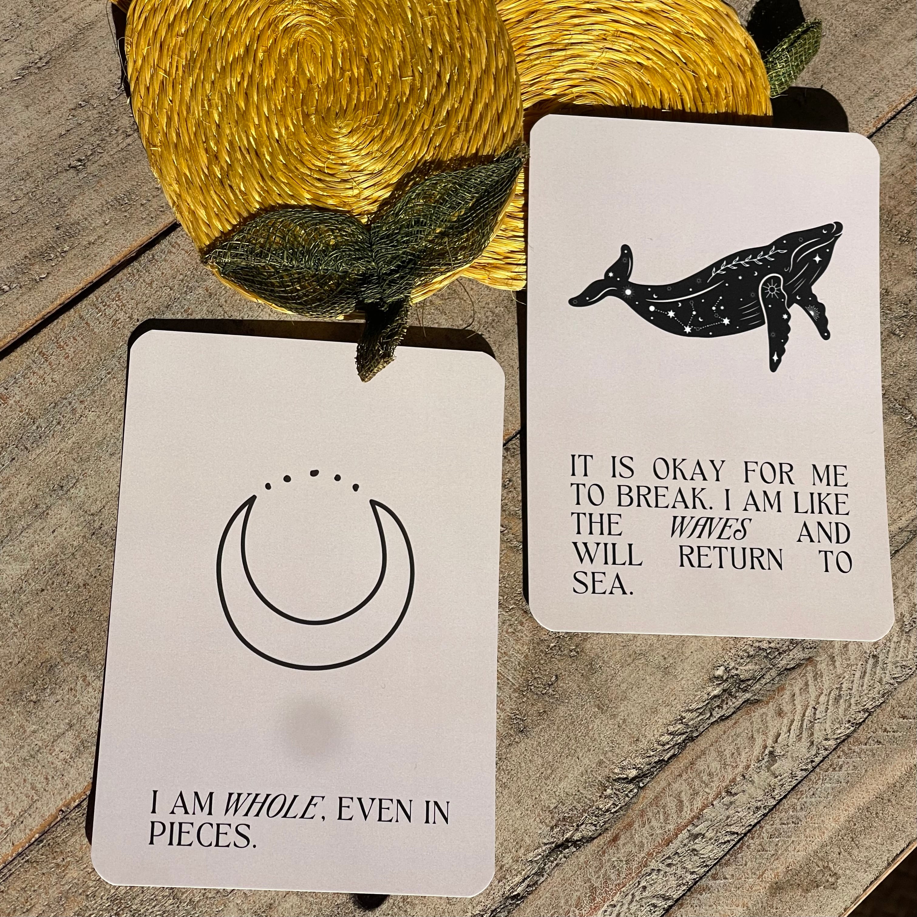 Close-up of New Mama Deck cards showcasing grounding affirmations. I am whole even in pieces.